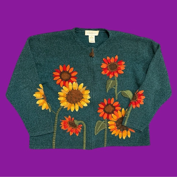 Susan Bristol Sweaters - Y2K Susan Bristol Sunflower Zip-Up Sweater